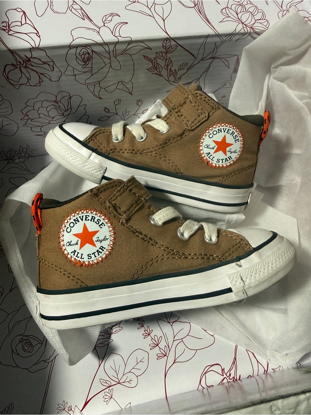 Converse Kids Brown Canvas High-Top Sneakers with Orange Star